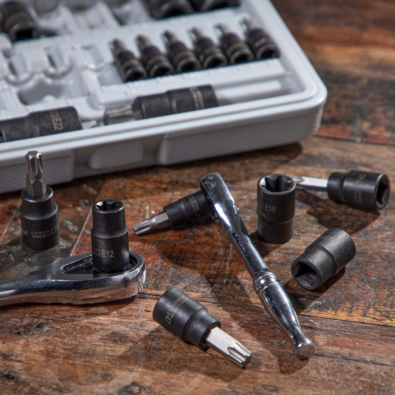 13 Star Socket Bits & 12 Female E Torx Sockets (25 PC) - Professional Auto & Motorcycle Mechanic Socket Set: 1/4", 3/8", 1/2" Drive, Torx Sockets