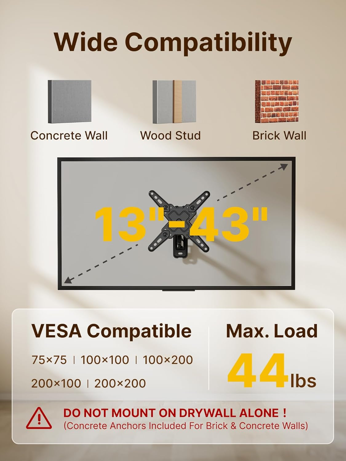 Full Motion TV Wall Mount Bracket for Most 13-43 Inch LED LCD Flat Screen Tvs & Monitors, Swivel Tilt Extension Rotation with Articulating Arms, TV Mount Max VESA 200X200Mm, up to 44Lbs