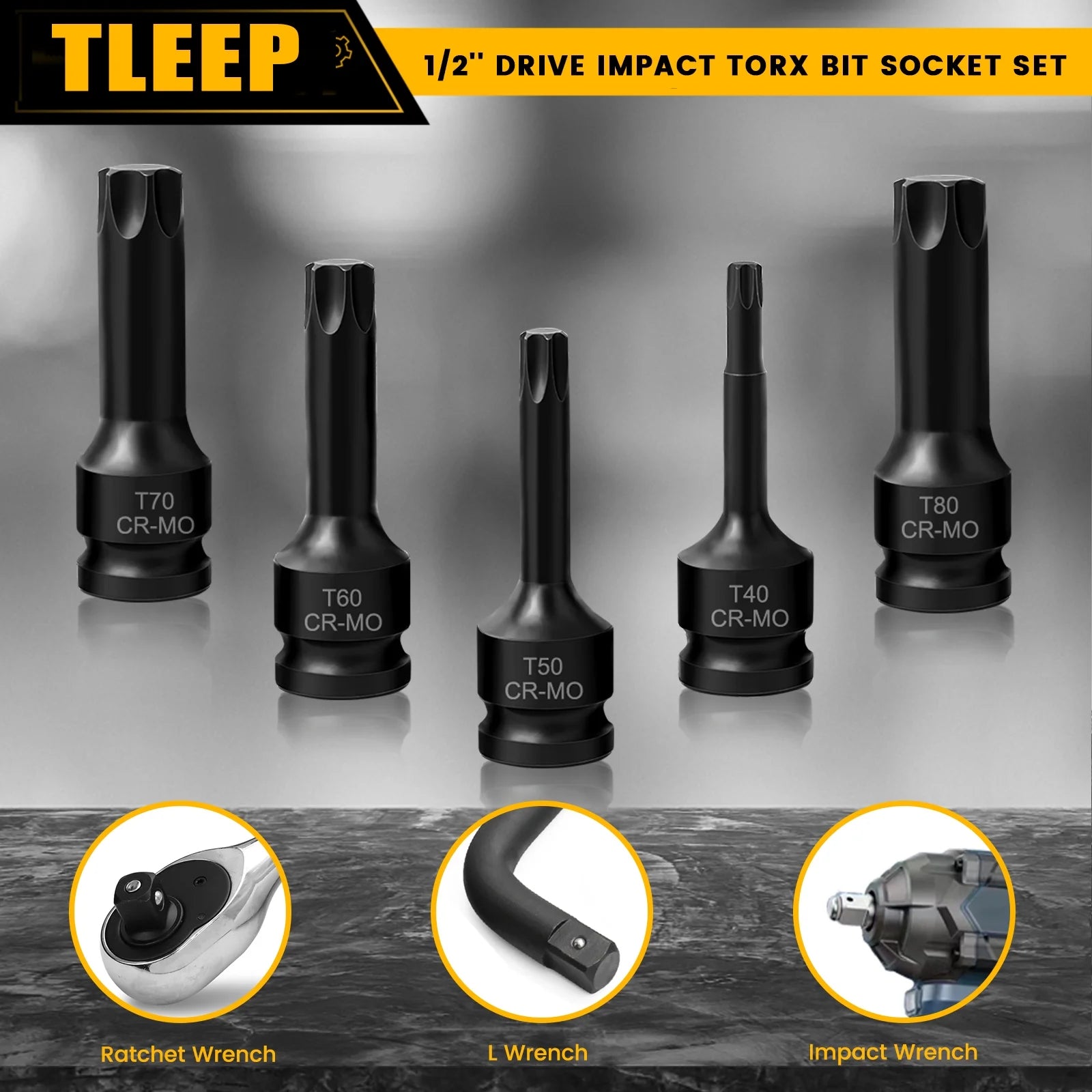 1/2 Inch Impact Torx Bit Socket Set,Cr-Mo Impact Grade,T30-T80 Torx Sockets with Socket Adapter