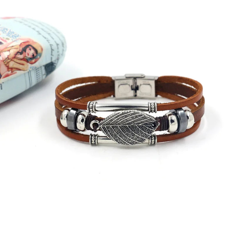 Trendy Punk Multilayer Leather Bracelet Female Fatima Hand Sun Flower Leaf Alloy Accessories Charm Jewelry Wristband Gift