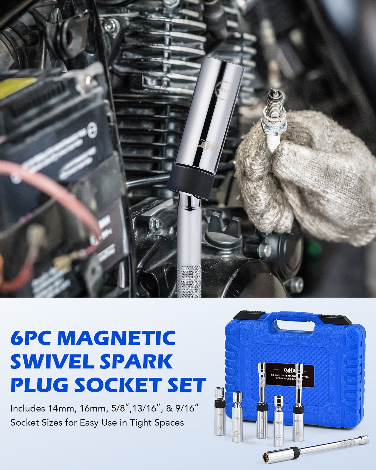 OMT 6Pc 3/8" Magnetic Spark Plug Socket Set Thin Wall Swivel Spark Plug Sockets