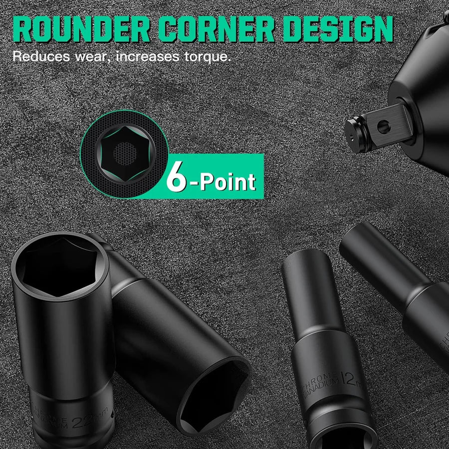 1/2Inch Drive 6-Point Impact Socket Set 10-Piece Metric Sizes 8-24M/10-24Mm Carbon Steel Impact Socket Set with Hard Storage Box
