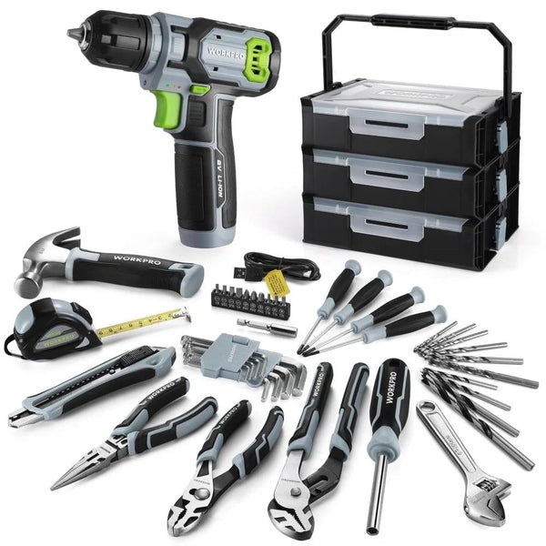 43PCS Cordless Lithium-Ion Drill Driver and Toolbox, 8V 2.0 Ah Power Drill Set with Household Hand Tool Kit, Battery Powered Screwdriver with Stackable Tool Box, Home Tool Set for Repair, DIY