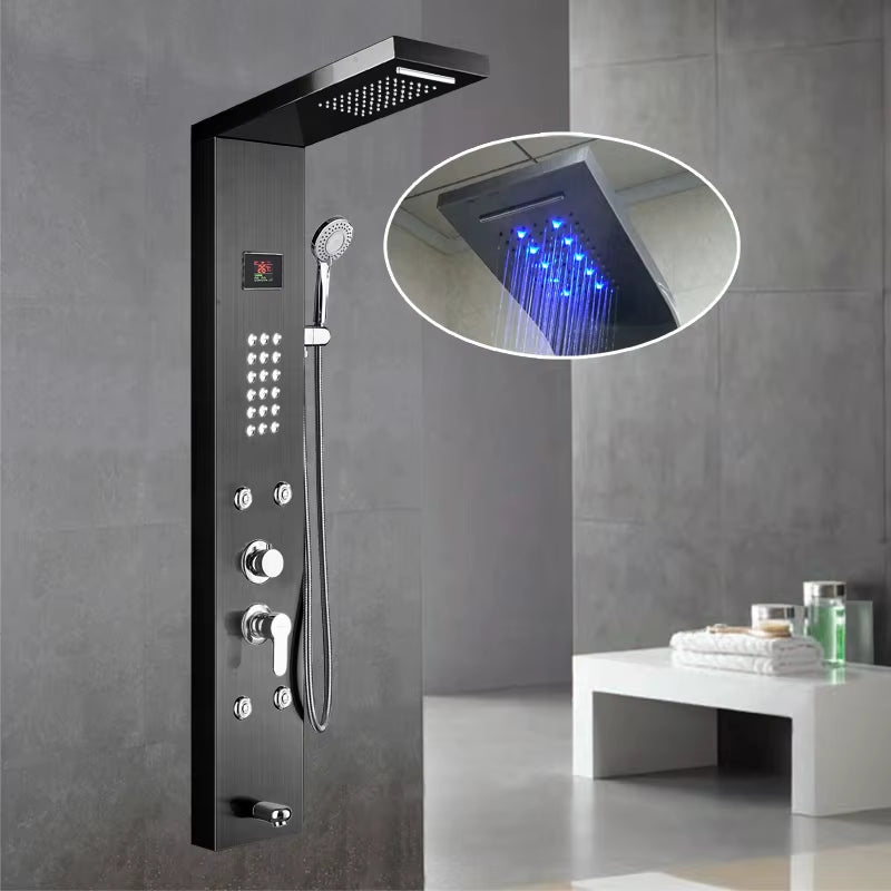 Hot Sale Luxury Black Color Thermostatic Led Rain Shower Head Bathroom Stainless Steel Wall Mounted Waterfall Shower Panels