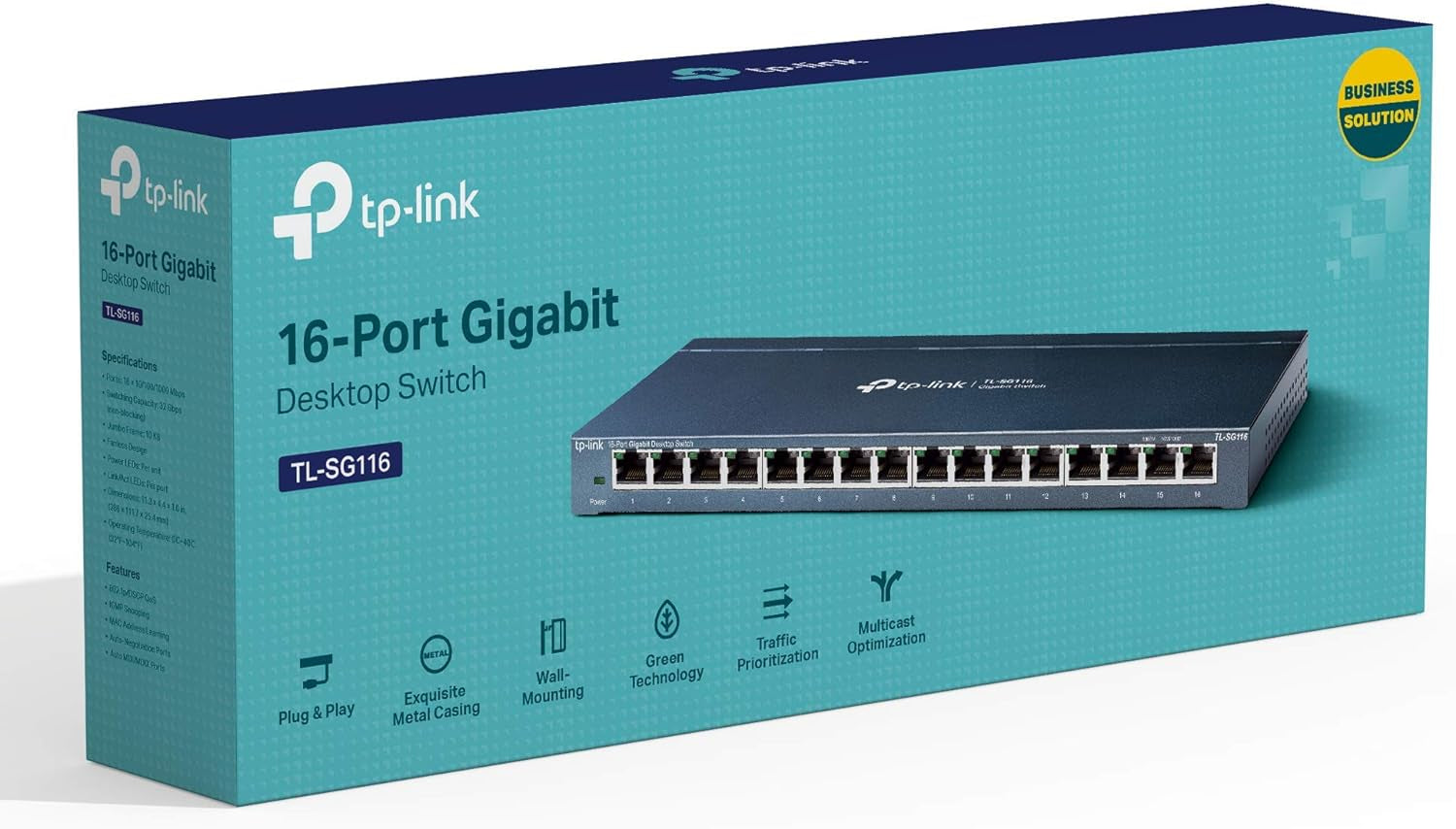16 Port Gigabit Ethernet Network Switch, Desktop/ Wall-Mount, Fanless, Sturdy Metal W/ Shielded Ports, Traffic Optimization, Unmanaged (TL-SG116) Black