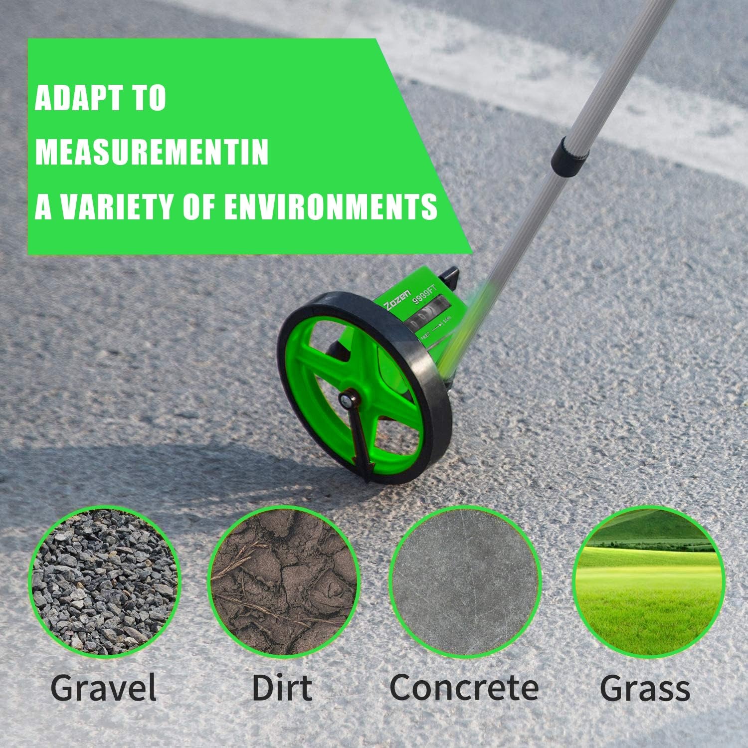Measuring Wheel, Green 6Inch Measure Wheel, Distance Measuring in Feet and Inches, Rolling Measurement [Up to 10,000Ft], Telescopic/Mechanical/One Key to Reset, Include Carrying Bag.