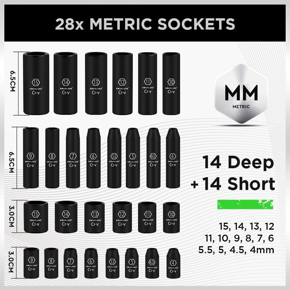 1/4" Drive Impact Socket Set, 56PCS Sae/Metric, Cr-V Steel, Ratchet & Extensions