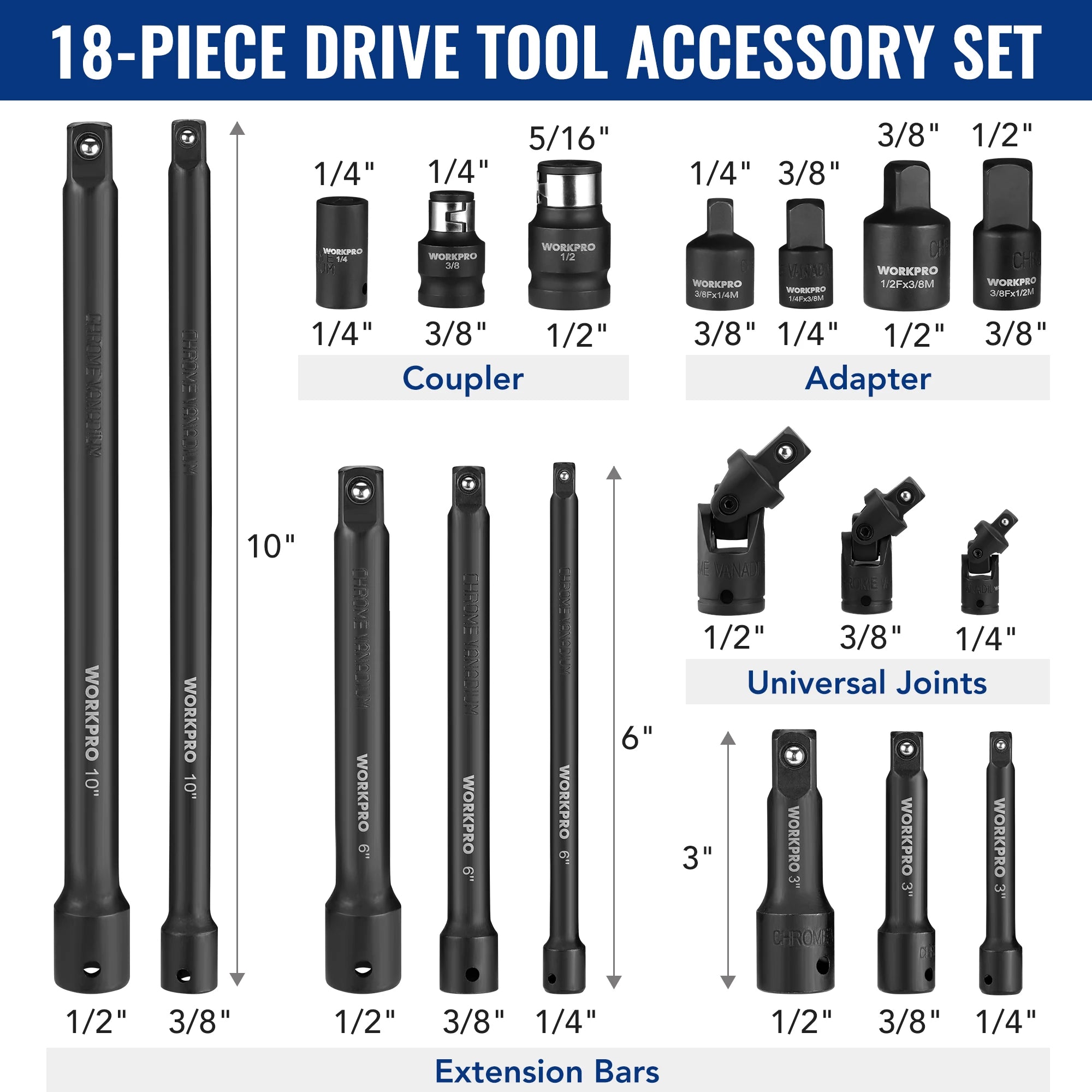 18Pieces Drive Tool Accessory Set Includes Socket Adapters Socket Extension Bar Swivel Universal Joints Impact Coupler