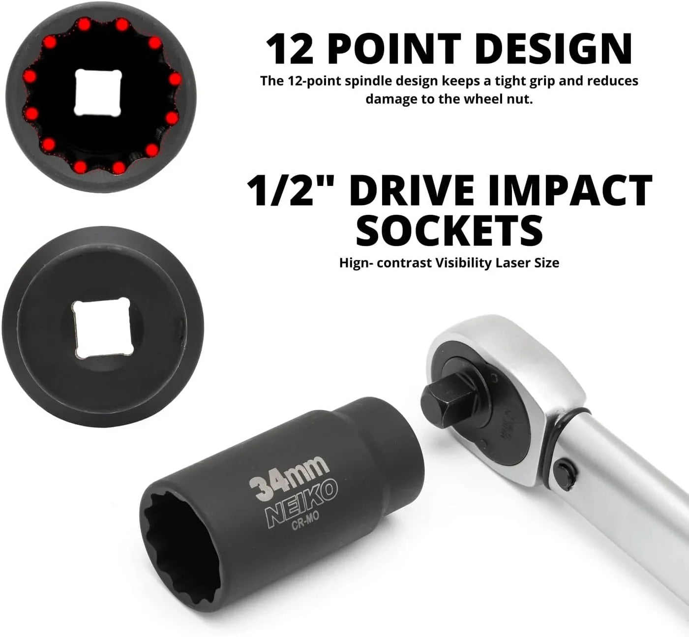 02530A 5 Piece 12 Point Socket Set 1/2” Drive, Lug Nut Remover, Spindle Nut Socket, Axle Nut Socket Set, Metric 30Mm - 36Mm Socket 1/2 Drive Impact Set, Cr-Mo Impact Adapter, 3/4" -1/2” Reducer