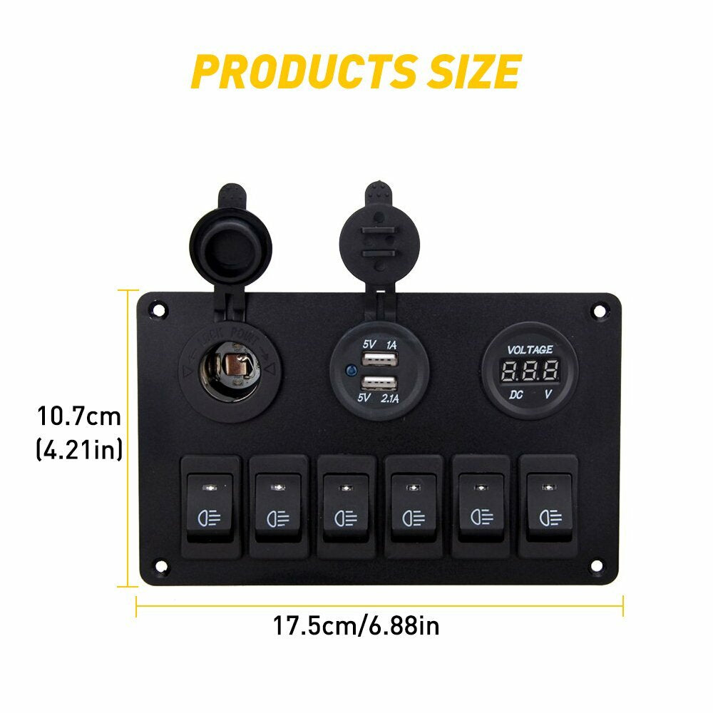 6 Gang Blue Rocker Switch Panel Circuit Breaker LED Waterproof Car Marine Boat