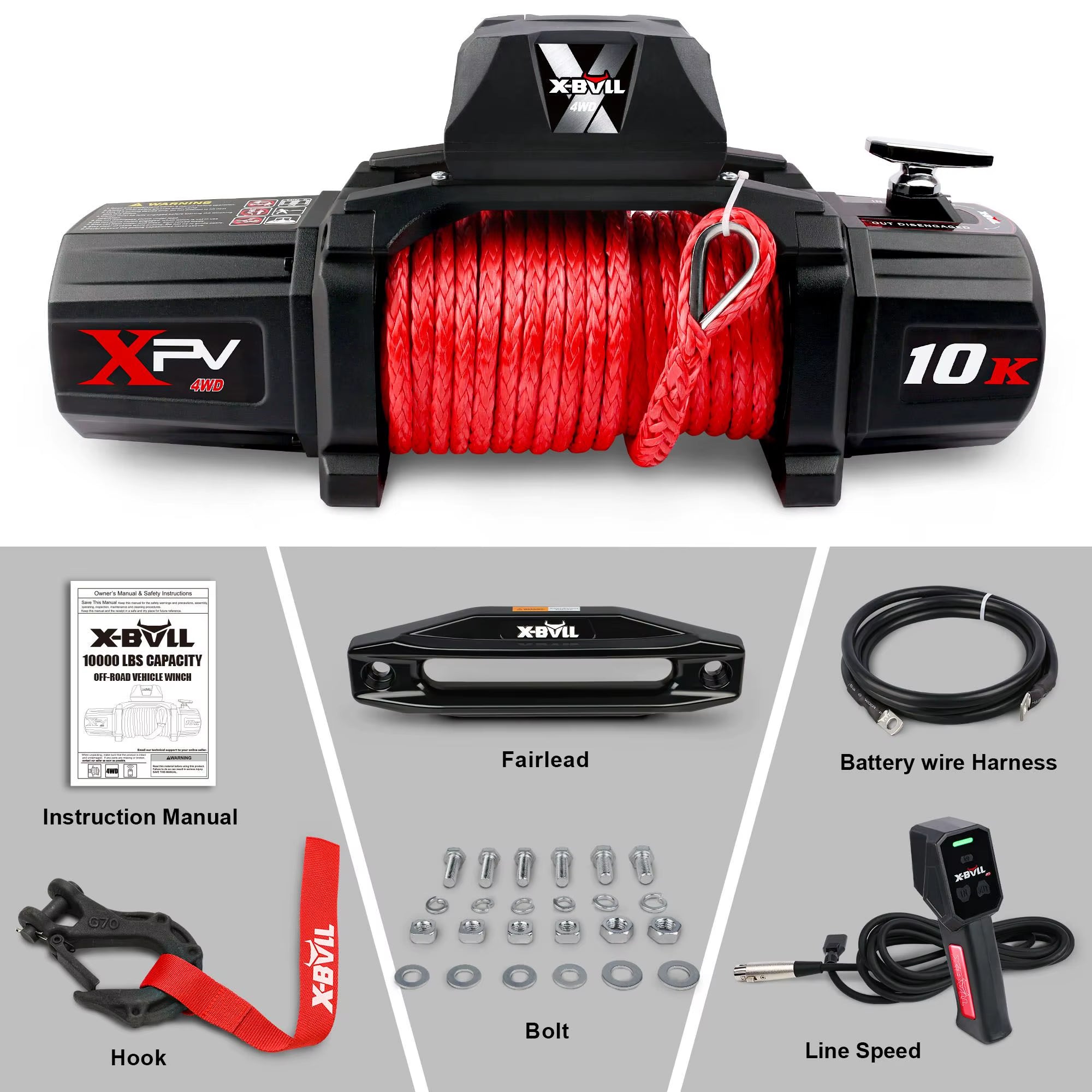DB X-BULL 10000 Lb. Load Capacity Electric Winch Kit 12V DC Waterproof IP67 Hawse Synthetic Rope Winch for Off-Road Vehicles
