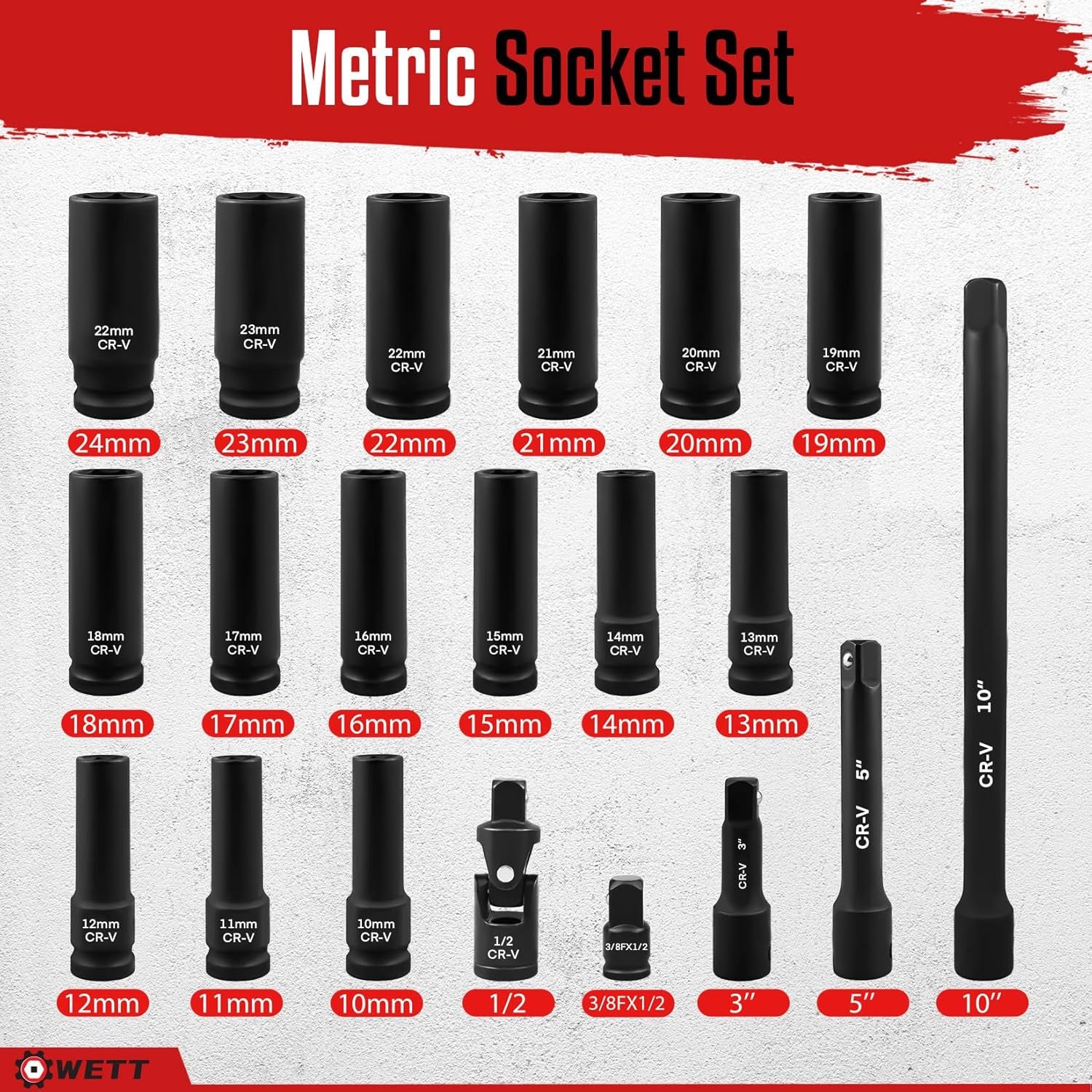 1/2-Inch Drive Deep Impact Socket Set, 20 Piece Metric Socket Set, 6 Point, Cr-V