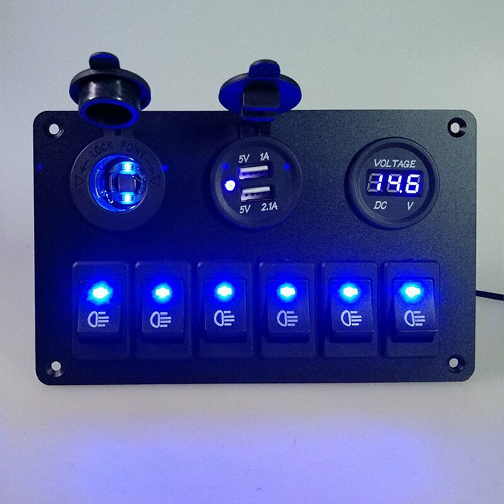 6 Gang Blue Rocker Switch Panel Circuit Breaker LED Waterproof Car Marine Boat