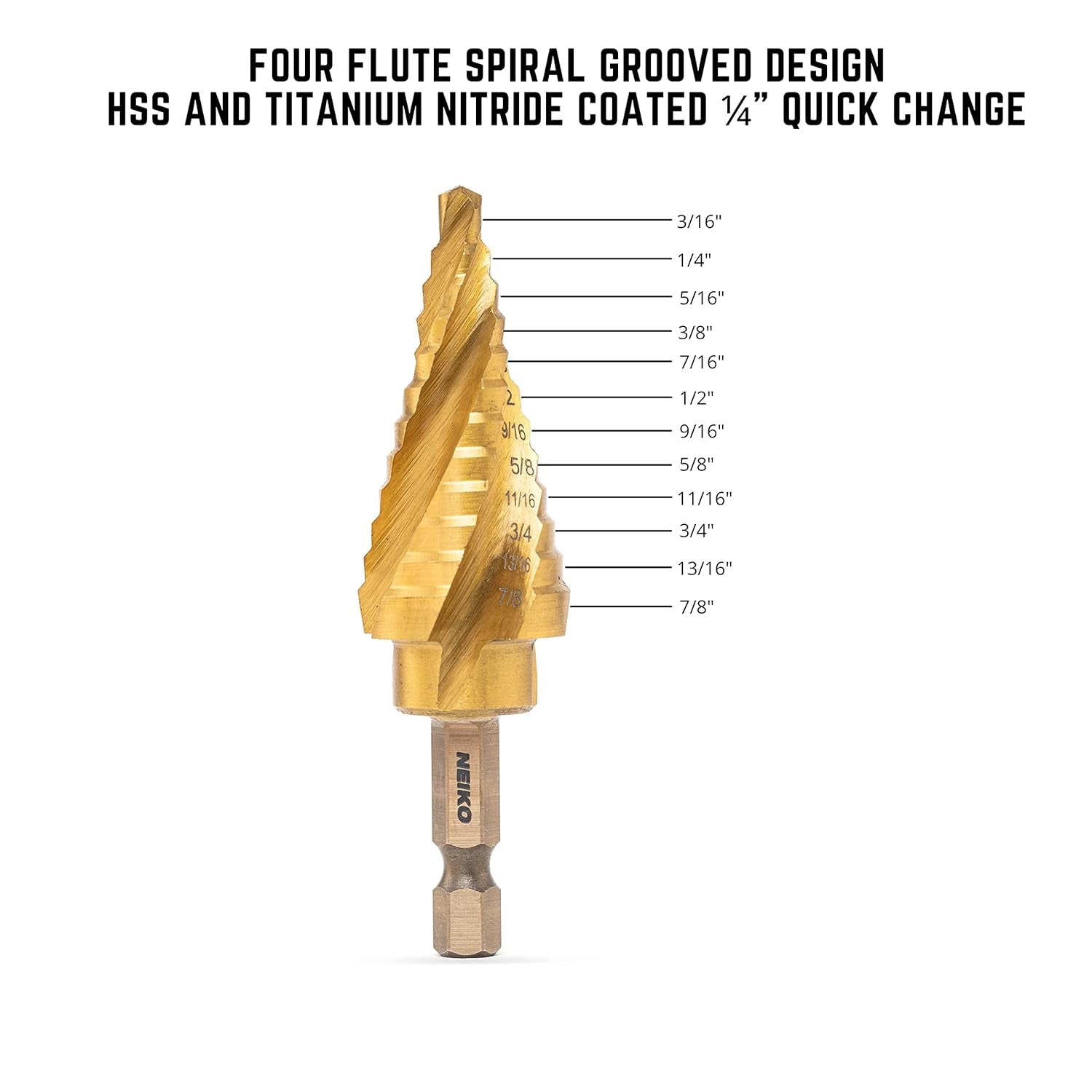 10180A Steel Spiral Quick-Change Step Drill Bit for Metal with 4-Flute Spiral Grooved Design, Nitride-Coated High-Speed Steel Multitool with 12 Sizes in 1 Step Bit, Unibit, Hole Drill Bit