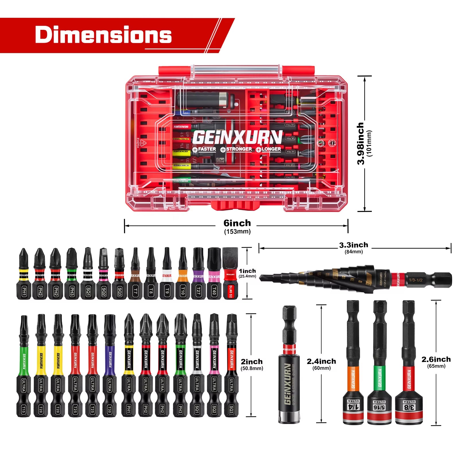 GEINXURN 32Pcs Industrial Impact Screwdriver Set 25Mm 50Mm Nut Driver 65Mm Step Drill Bit Color-Coded PH SQ TX SL8 Fast DIY