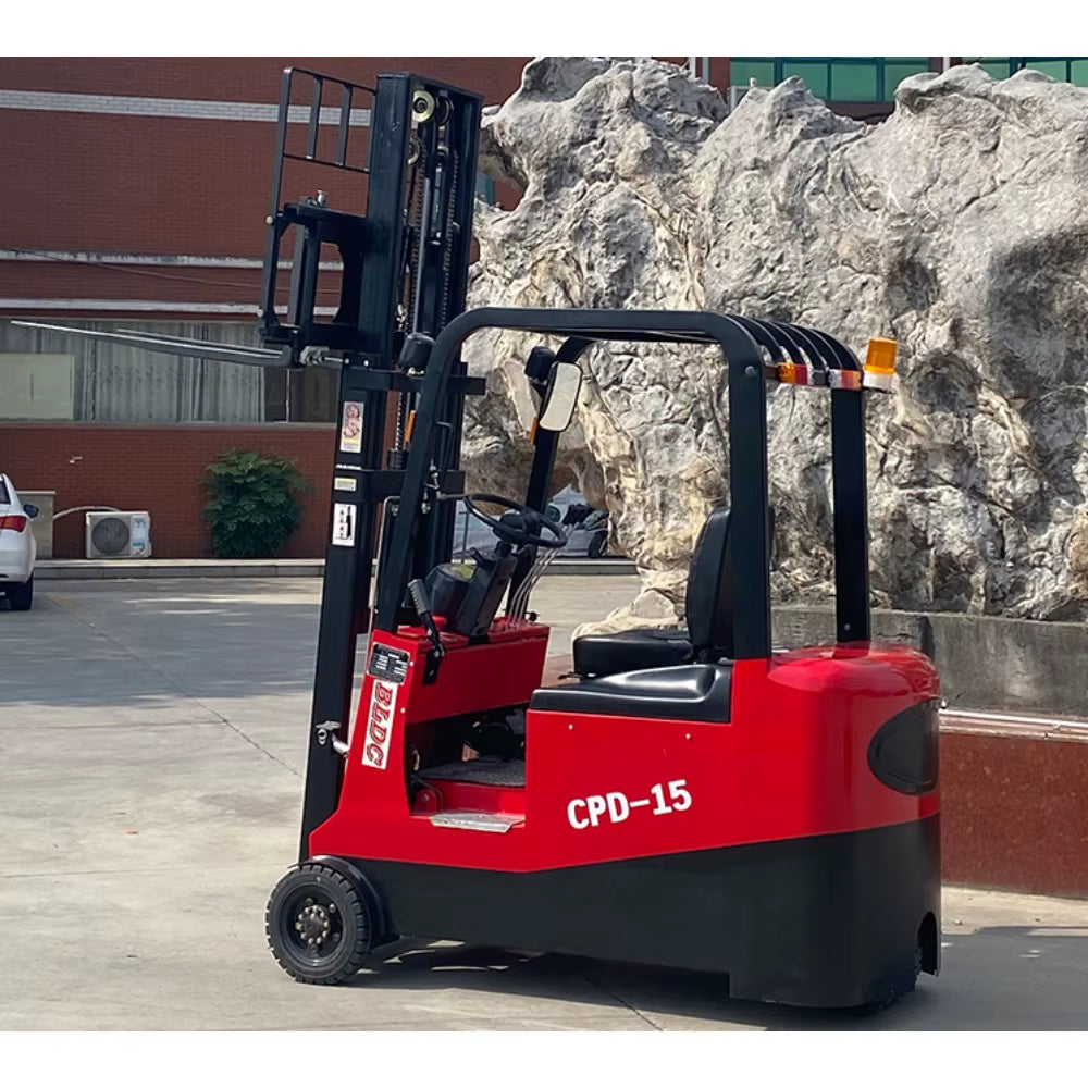 Three-Wheeled Ride on All Electric Forklift Three Point Lifting Hydraulic Stacker