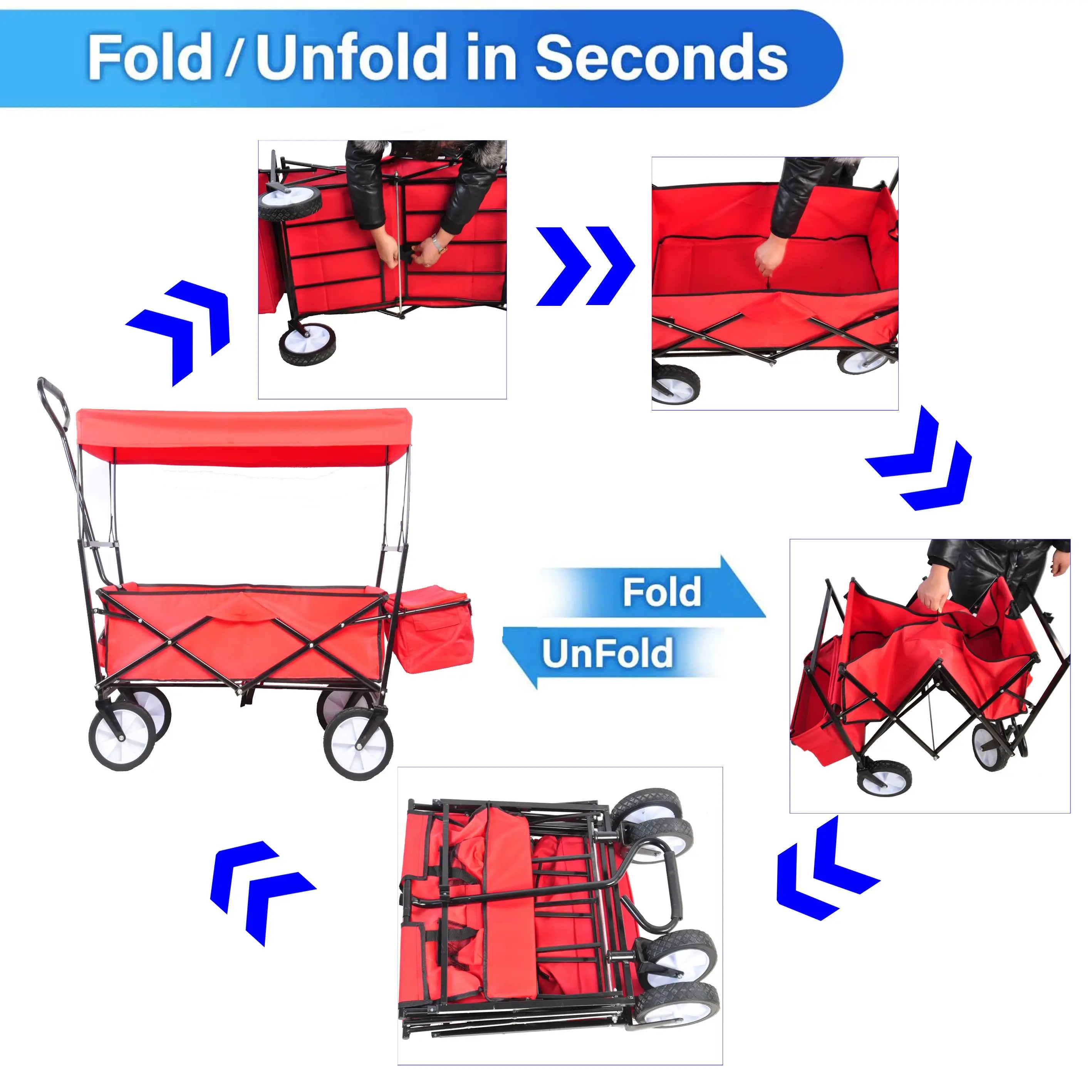 DB 200Kg Steel Garden Shopping Cart Four-Wheel Folding Wagon for Beach Outdoor Home Tools with Mesh Platform OEM Customizable