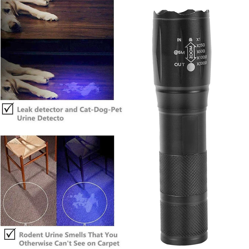 UV Flashlight LED Torch Zoomable Ultra Violet Black White Dual Light Detector