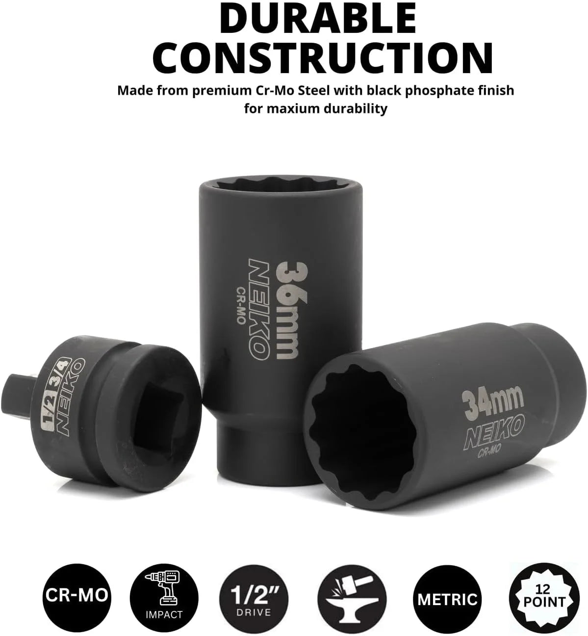 02530A 5 Piece 12 Point Socket Set 1/2” Drive, Lug Nut Remover, Spindle Nut Socket, Axle Nut Socket Set, Metric 30Mm - 36Mm Socket 1/2 Drive Impact Set, Cr-Mo Impact Adapter, 3/4" -1/2” Reducer