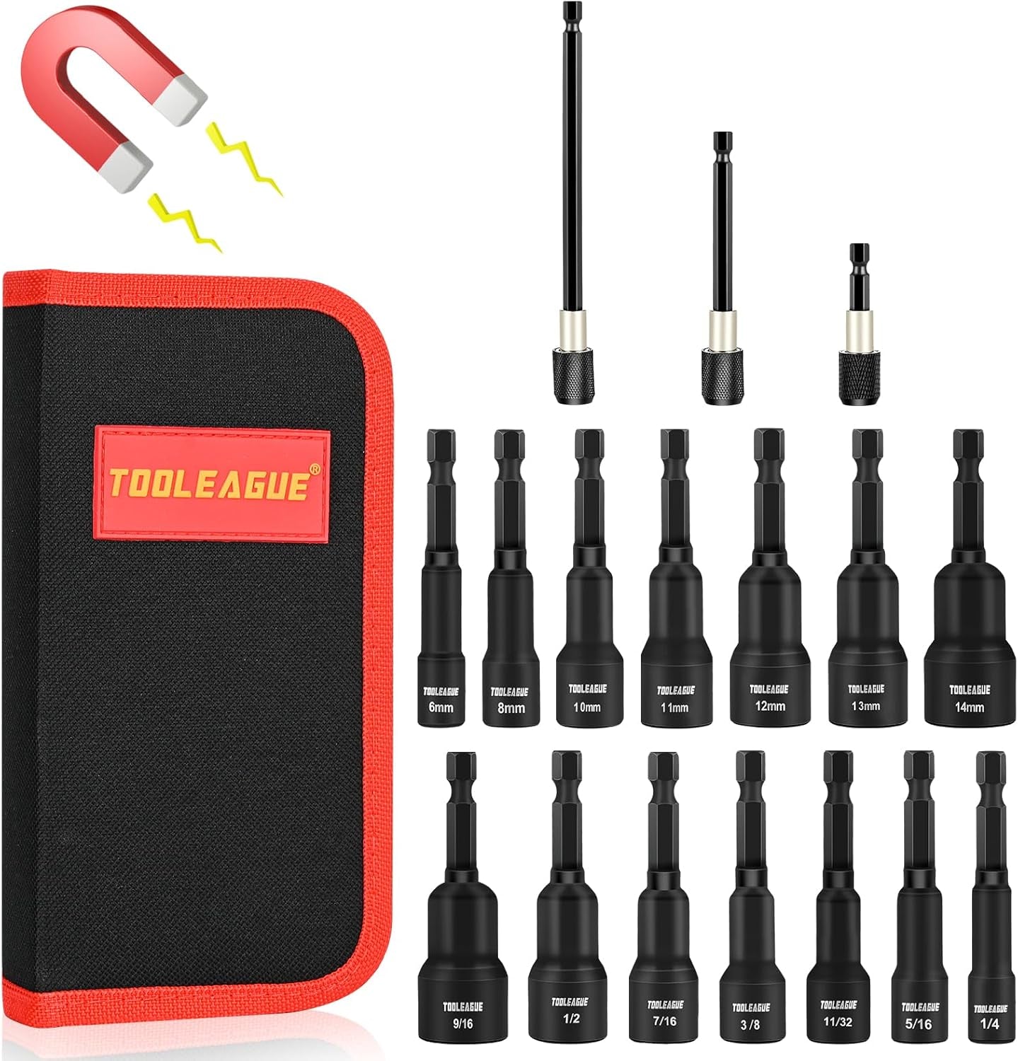 17Pcs Magnetic Nut Driver Set for Impact Drill Cr-V Steel 1/4" Quick-Change Hex Shank Metric/Sae Screwdriver with Storage Bag