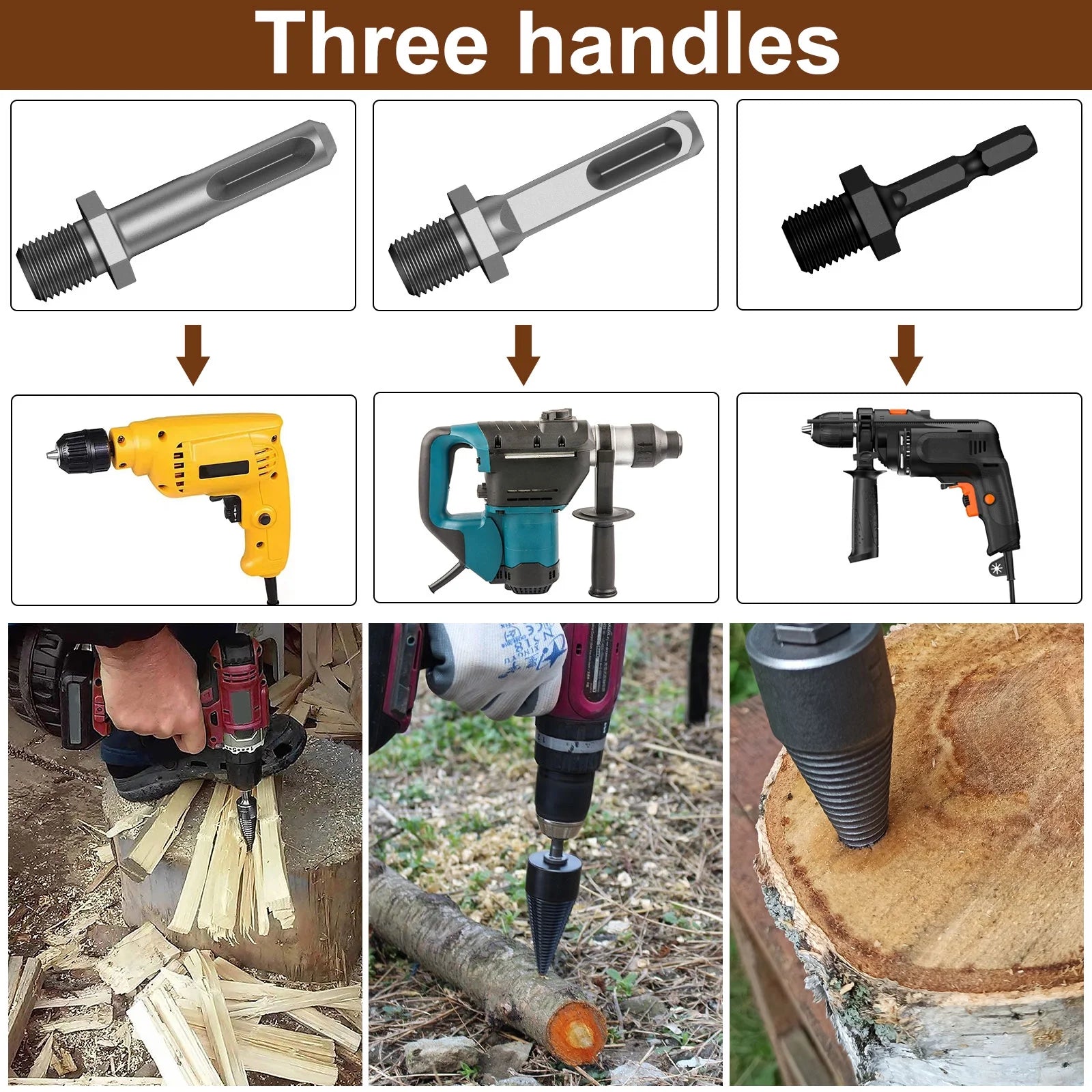 Wood Splitting Drill Bit High Speed Steel Firewood Log Splitter Drill Bit Wood Punch Cone Driver Drill Bit Woodworking Tool with Connecting Rod for Electric Drill Power Tool