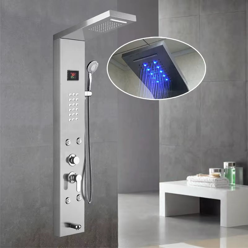 Hot Sale Luxury Black Color Thermostatic Led Rain Shower Head Bathroom Stainless Steel Wall Mounted Waterfall Shower Panels