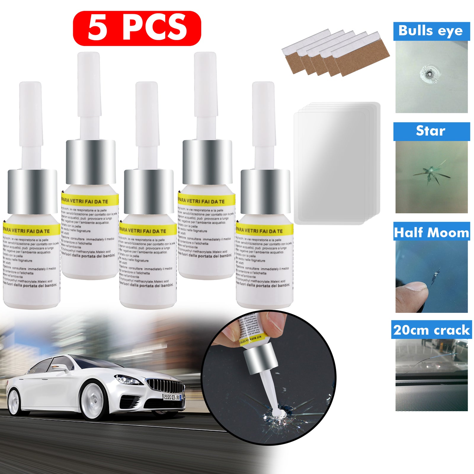 5 Pack White Auto Glass Nano Repair Fluid Car Windshield Resin Crack Tool Kit