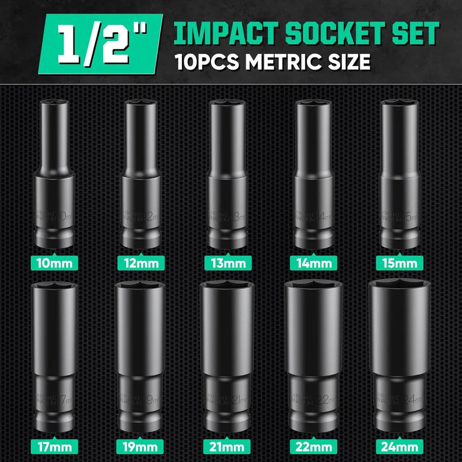 1/2Inch Drive 6-Point Impact Socket Set 10-Piece Metric Sizes 8-24M/10-24Mm Carbon Steel Impact Socket Set with Hard Storage Box