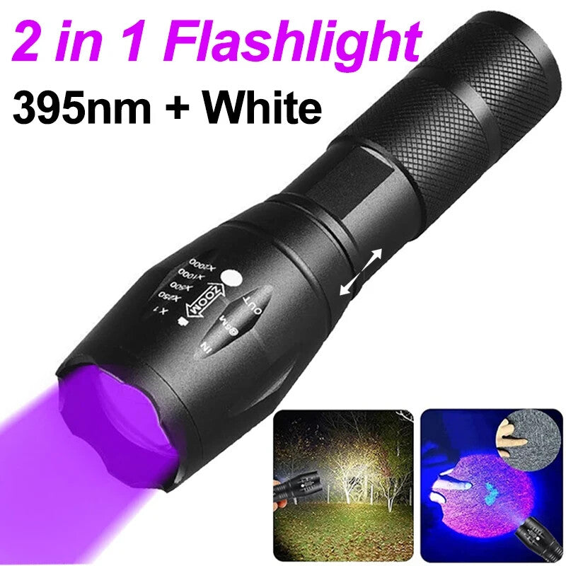 UV Flashlight LED Torch Zoomable Ultra Violet Black White Dual Light Detector