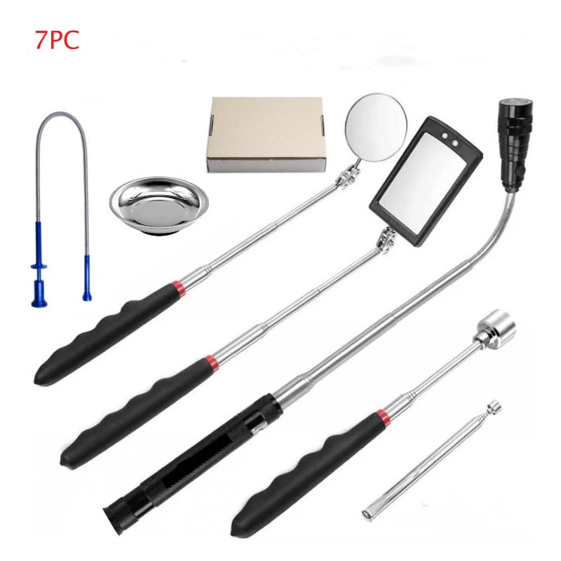 360° Inspection Mirror LED Light Telescoping Mirrors Extend Mechanic Tools Inspection Mirror Telescopic Handle Repairing Tools