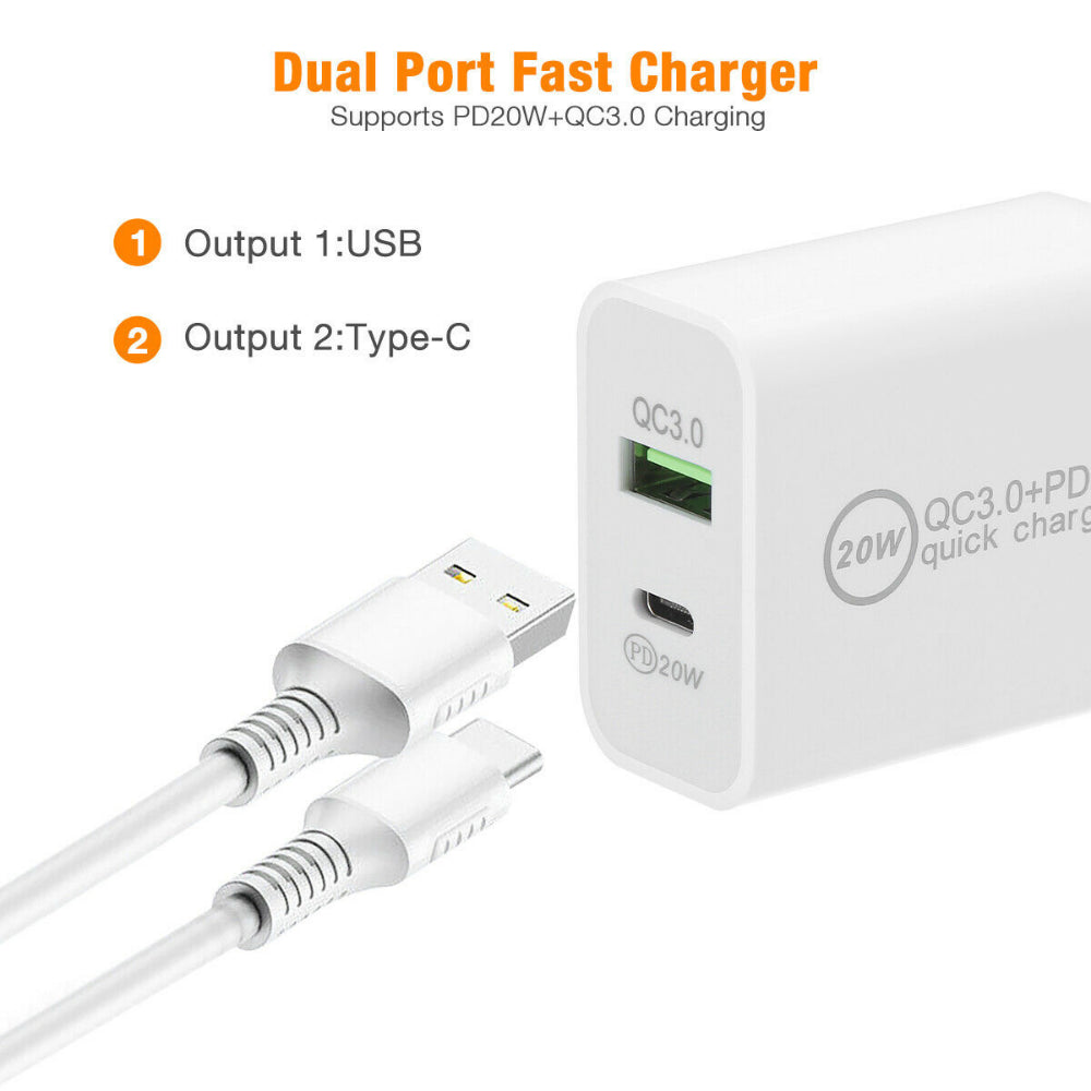 1000X Lot 20W PD Fast Wall Charger Dual Port Adapter USB C QC for Iphone Samsung