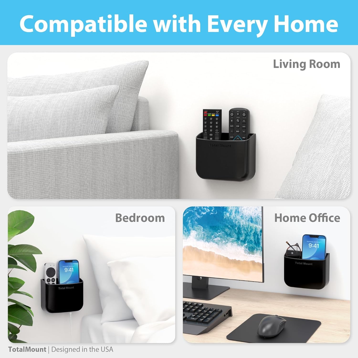 Hole-Free Remote Holders – Eliminate Need to Drill Holes in Your Wall (For 2 or 3 Remote Controls – Black – Quantity 2)