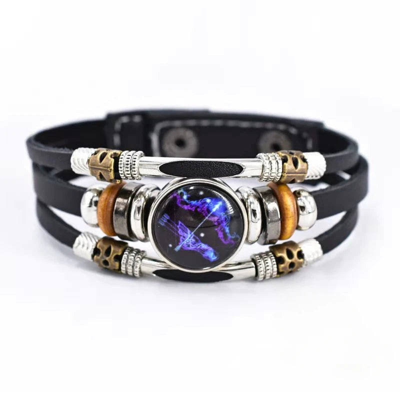 Twelve Constellations Luminous Leather Bracelet Retro Multi-Layer Beaded Leather Bracelet Jewelry Gifts for Men Women Couples