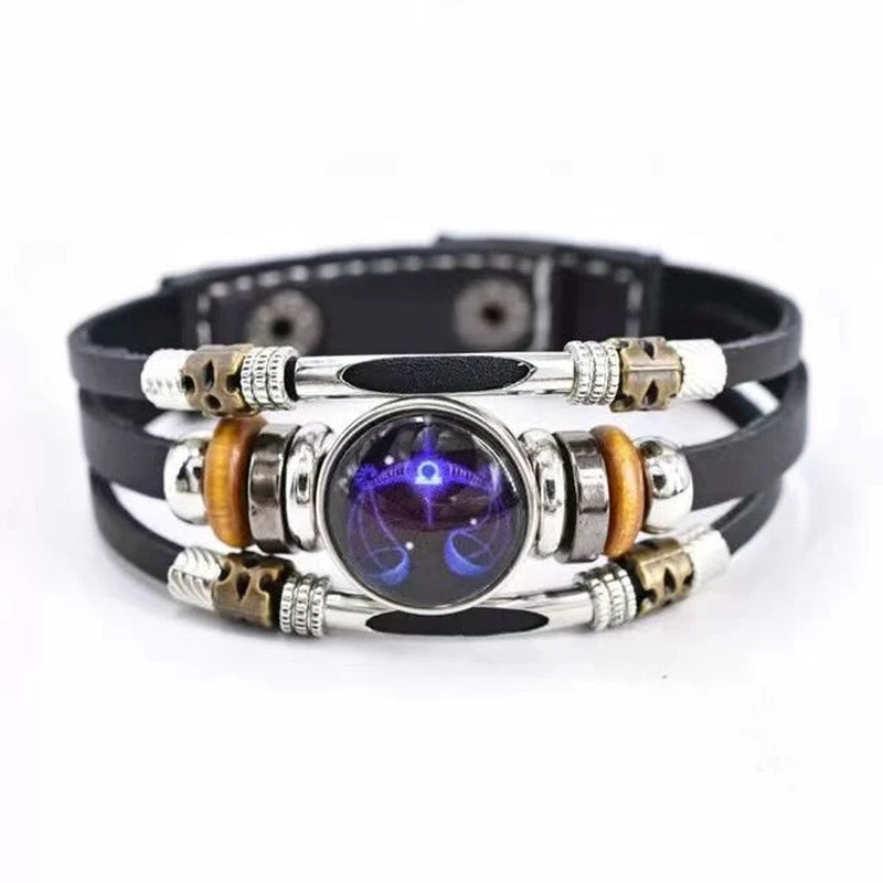 Twelve Constellations Luminous Leather Bracelet Retro Multi-Layer Beaded Leather Bracelet Jewelry Gifts for Men Women Couples