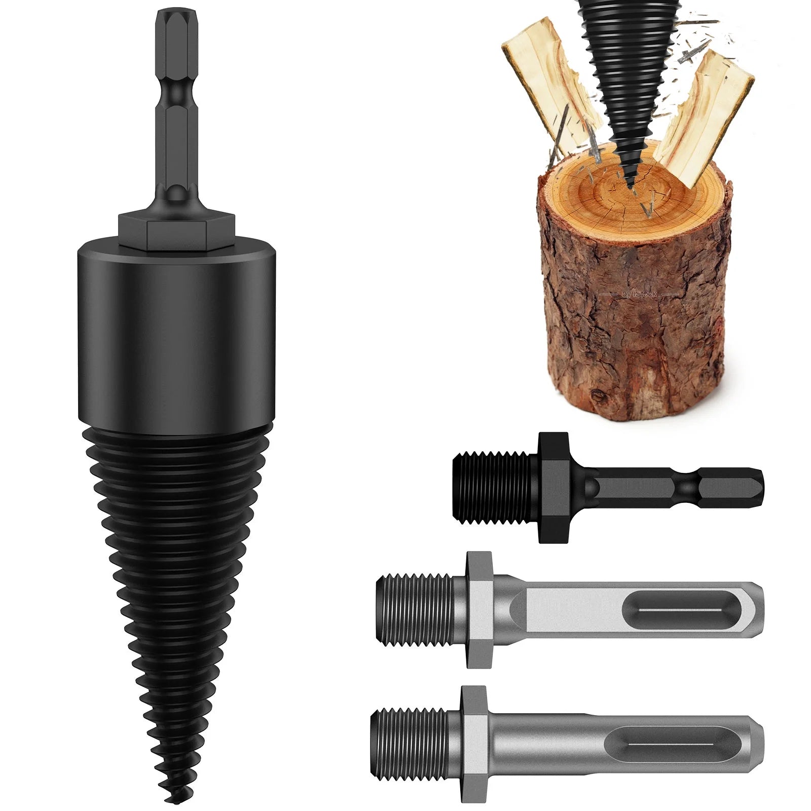 Wood Splitting Drill Bit High Speed Steel Firewood Log Splitter Drill Bit Wood Punch Cone Driver Drill Bit Woodworking Tool with Connecting Rod for Electric Drill Power Tool