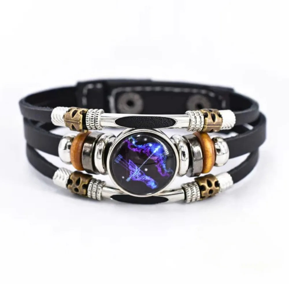 Twelve Constellations Luminous Leather Bracelet Retro Multi-Layer Beaded Leather Bracelet Jewelry Gifts for Men Women Couples