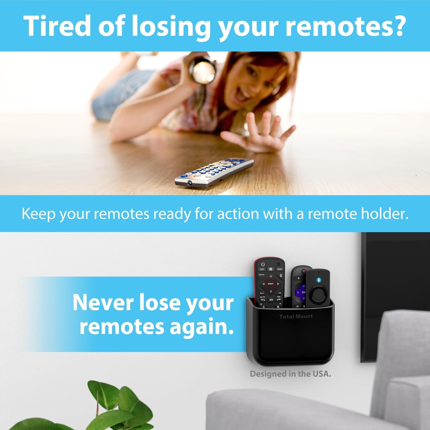 Hole-Free Remote Holders – Eliminate Need to Drill Holes in Your Wall (For 2 or 3 Remote Controls – Black – Quantity 2)