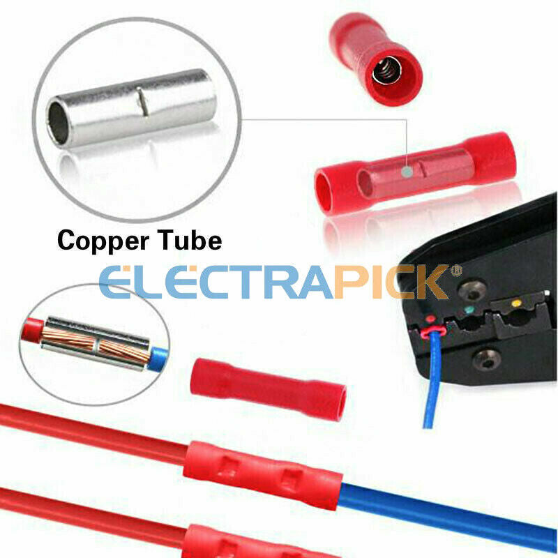 200PCS Insulated Straight Electrical Wire Connectors Butt Splice Crimp Terminals