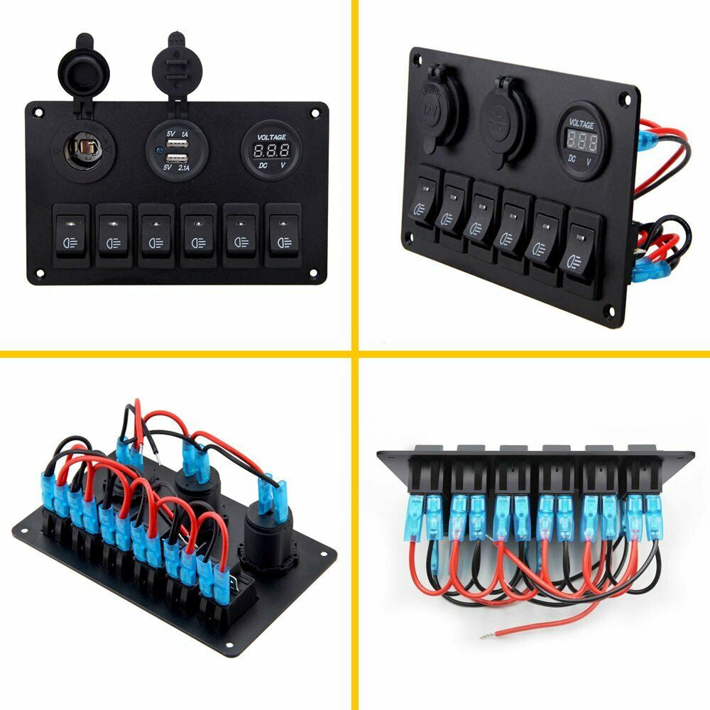 6 Gang Blue Rocker Switch Panel Circuit Breaker LED Waterproof Car Marine Boat