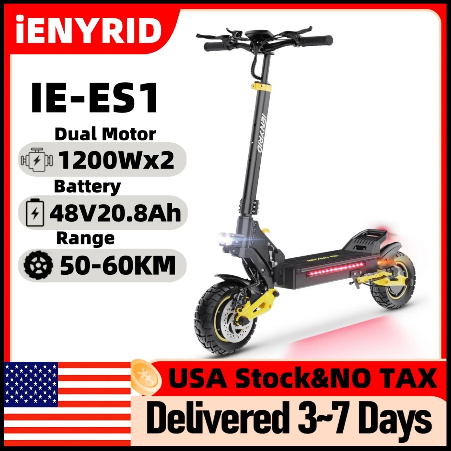 Electric Scooter  IE-ES1 Foldable 2400W Dual Motor 48V20.8Ah Lithium Battery E-Scooter Scooters 10-Inch Tires E-Scooter