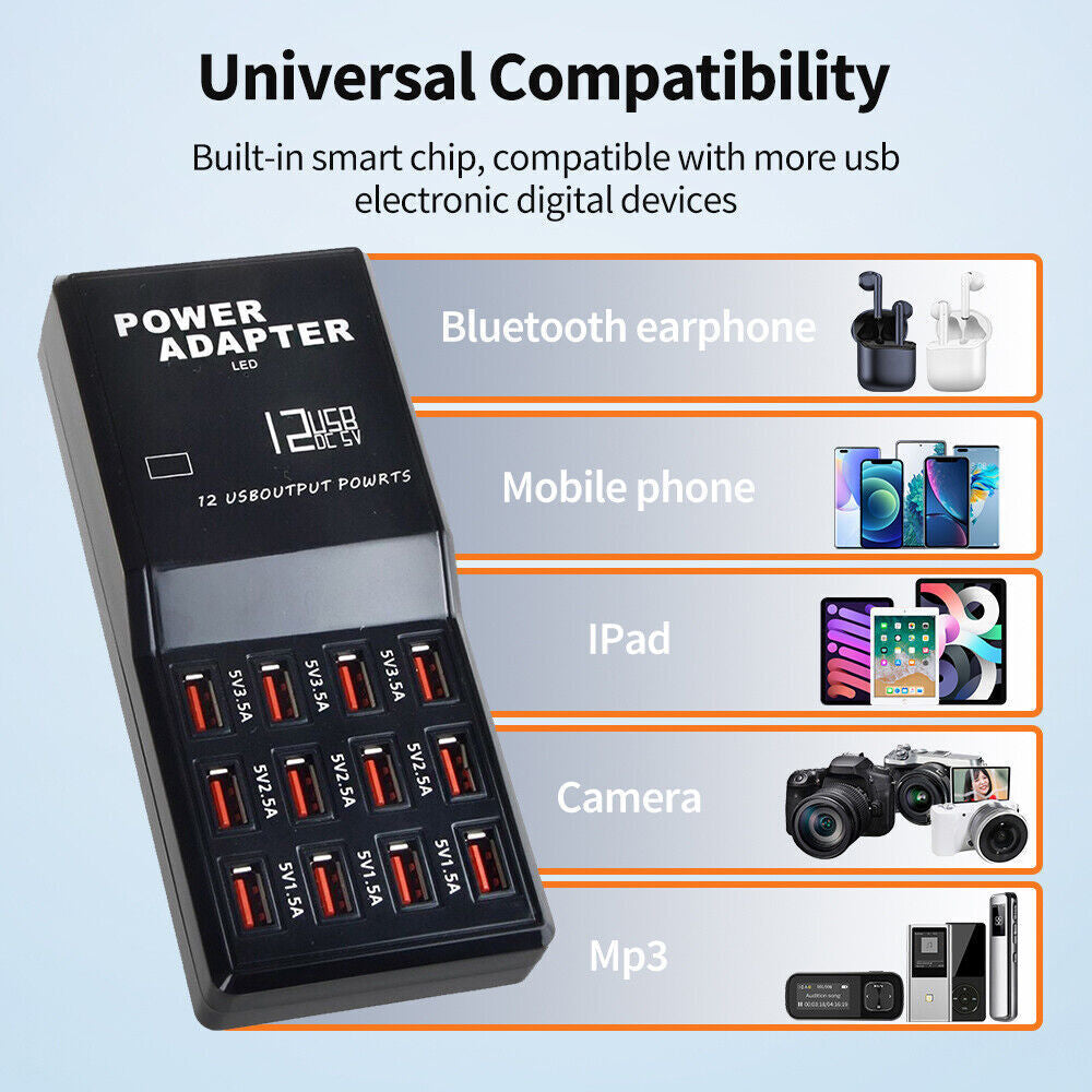 Multi 12 Port USB Charging Station Hub Desktop Wall Cell Phone Charger Organizer