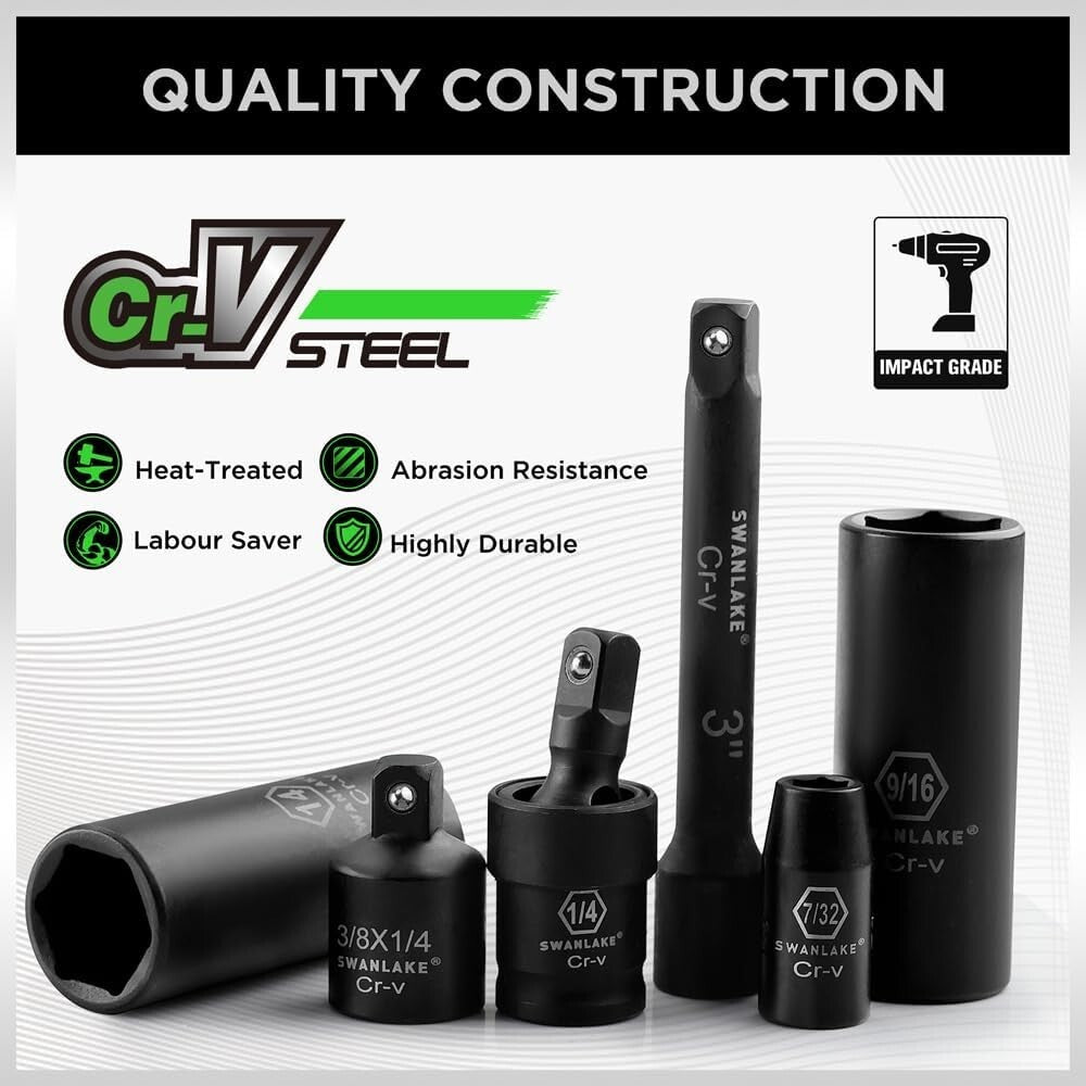 1/4" Drive Impact Socket Set, 56PCS Sae/Metric, Cr-V Steel, Ratchet & Extensions