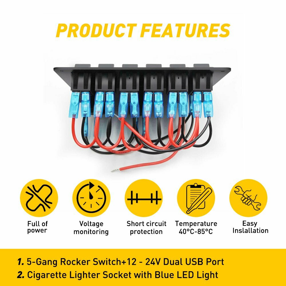 6 Gang Blue Rocker Switch Panel Circuit Breaker LED Waterproof Car Marine Boat