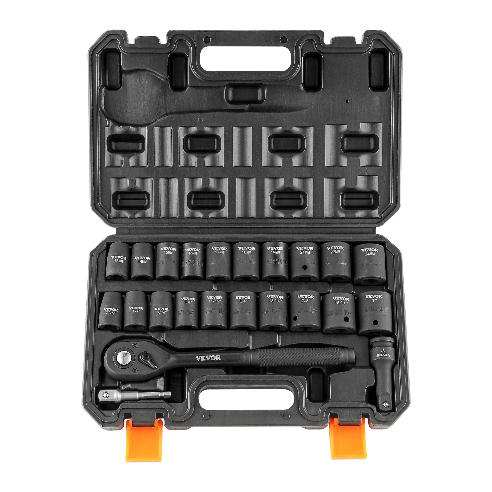 VEVOR 1/2 Drive Impact Socket Set, 23 Piece Socket Set SAE £¨7/16 -1£©& Metric £¨13-24Mm£©6 Point Cr-V Alloy Steel for Auto Repair with Ratchet Handle Rugged Construction Storage Case