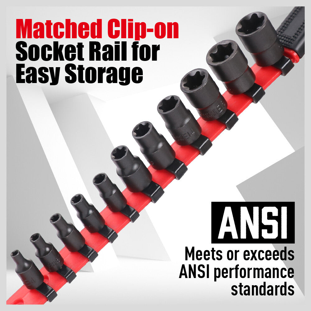 11 Pc Female E Torx Star Socket Set & Rail E4-E20 Driver Torque Socket 3/8" 1/4"