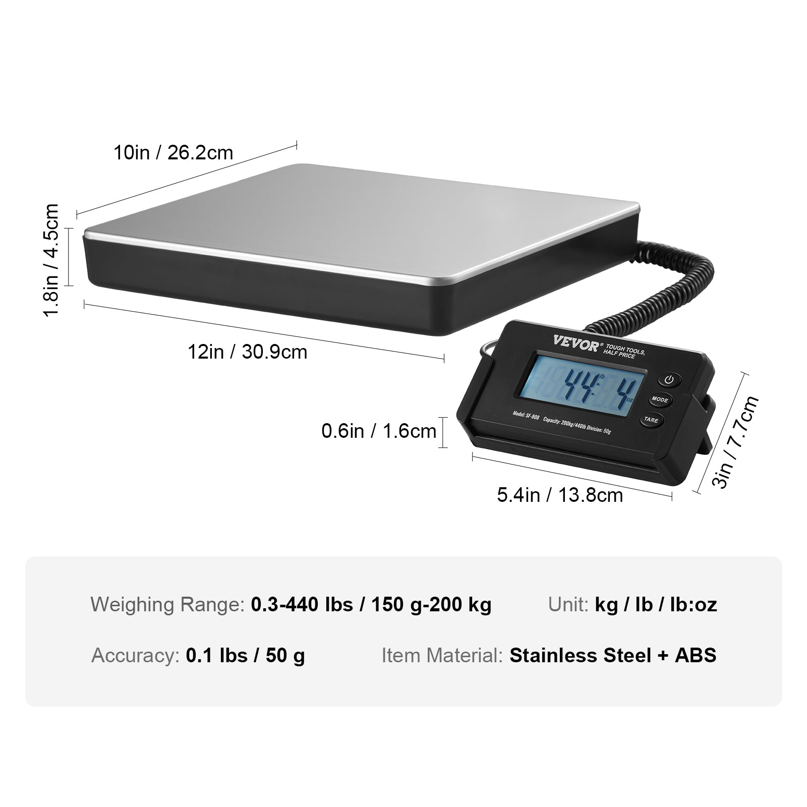 VEVOR Shipping Scale 110 Lbs/440 Lbs Digital Postal Scale AC/DC Package LCD