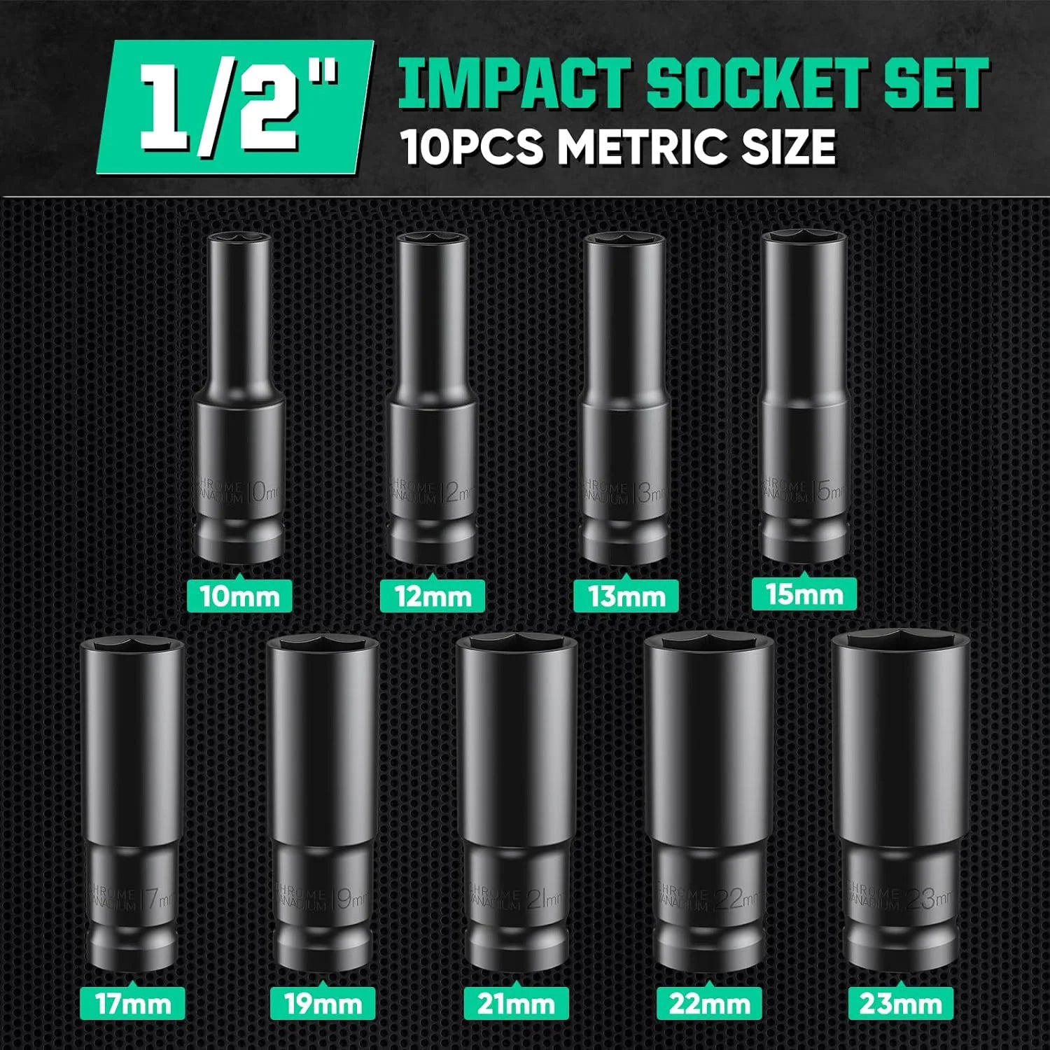 1 Set Impact Socket Set, 1/2" Drive Metric Size (10-23Mm) Socket Spanner, CR-V Steel Deep Impact Socket Set for 1/2 Socket Set F