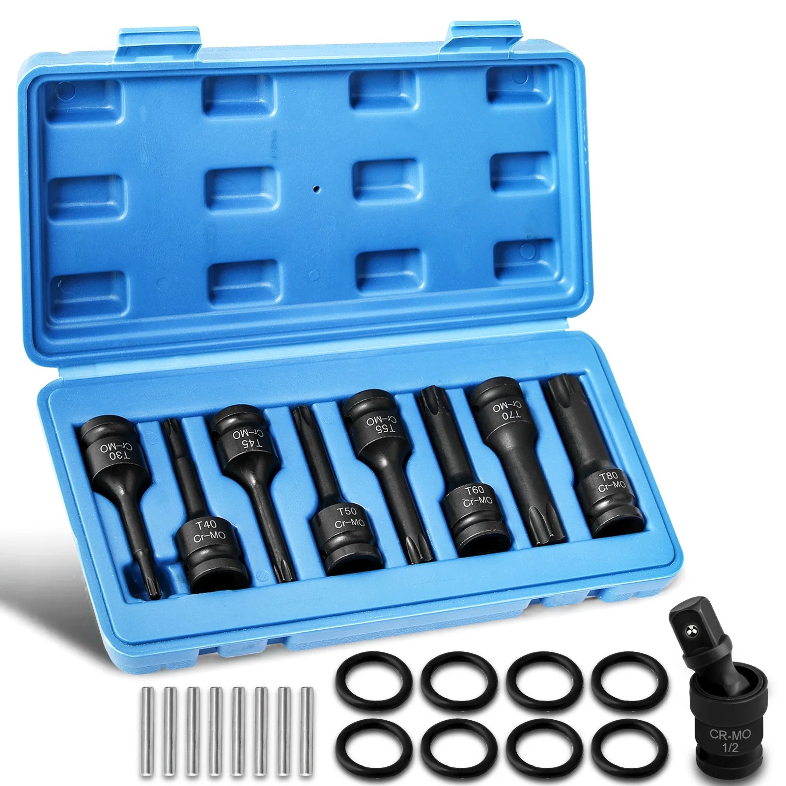 1/2 Inch Impact Torx Bit Socket Set,Cr-Mo Impact Grade,T30-T80 Torx Sockets with Socket Adapter