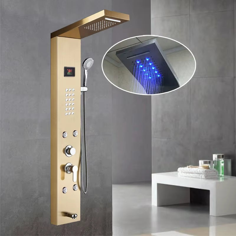 Hot Sale Luxury Black Color Thermostatic Led Rain Shower Head Bathroom Stainless Steel Wall Mounted Waterfall Shower Panels