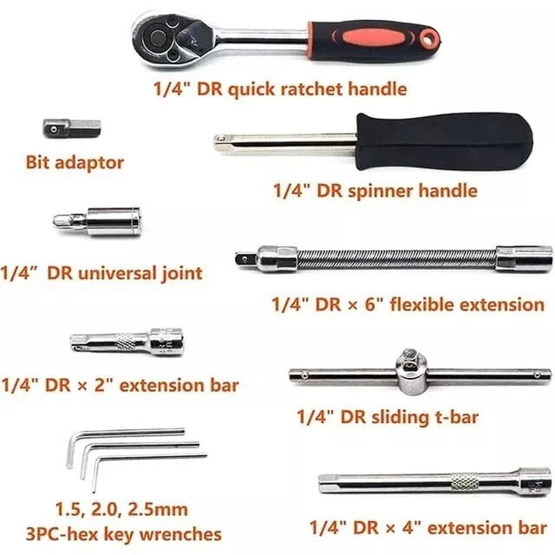 46Pcs Socket Set Car Repair Tool Ratchet Torque Wrench Kit 1/4" Drive with Box
